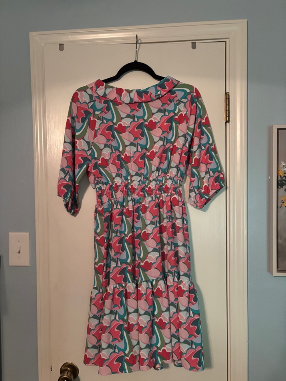 Floral Multicolor Tiered Midi Dress with Ruffle Neckline by Michelle  size small - Picture 9 of 9